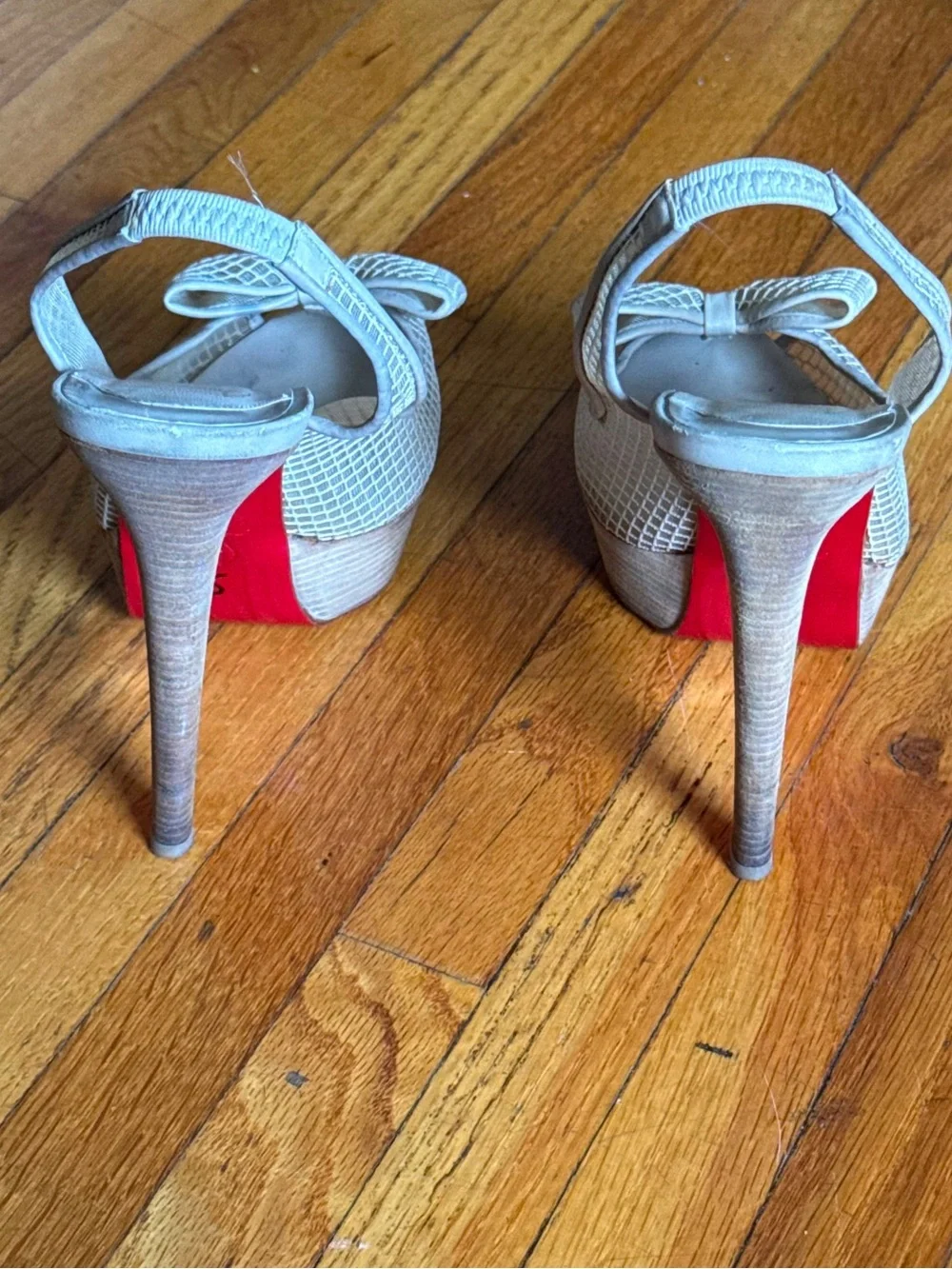 Christian Louboutin Neutral Beige Bow Peep-Toe Slingback Heels - Picture 2 of 5
